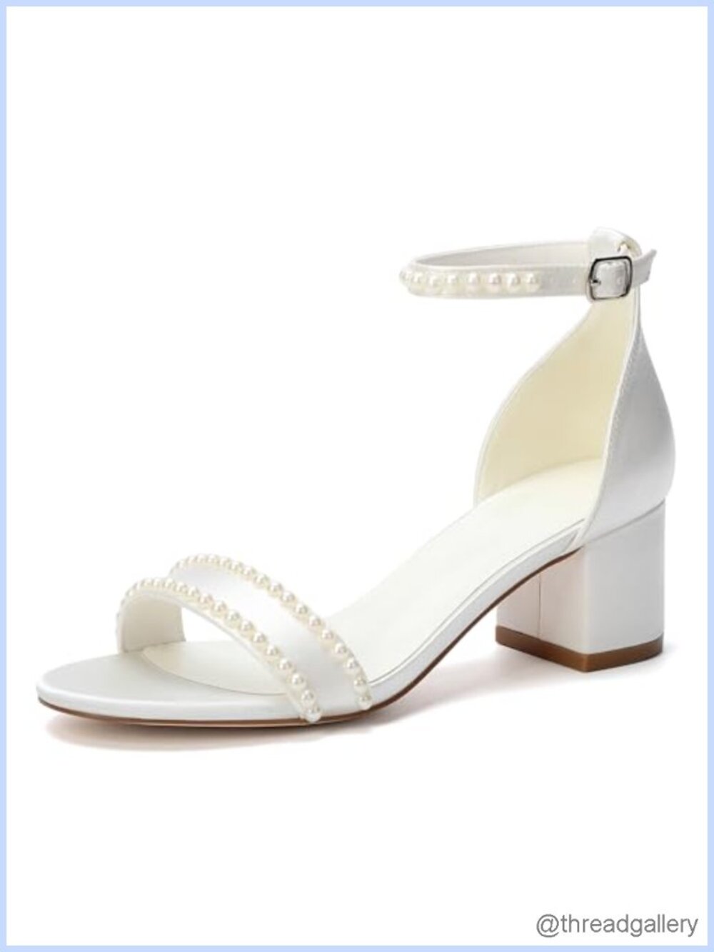 Pearl Embellished Satin Block Heel Sandals Open Toe Ankle Strap Bridal Wedding